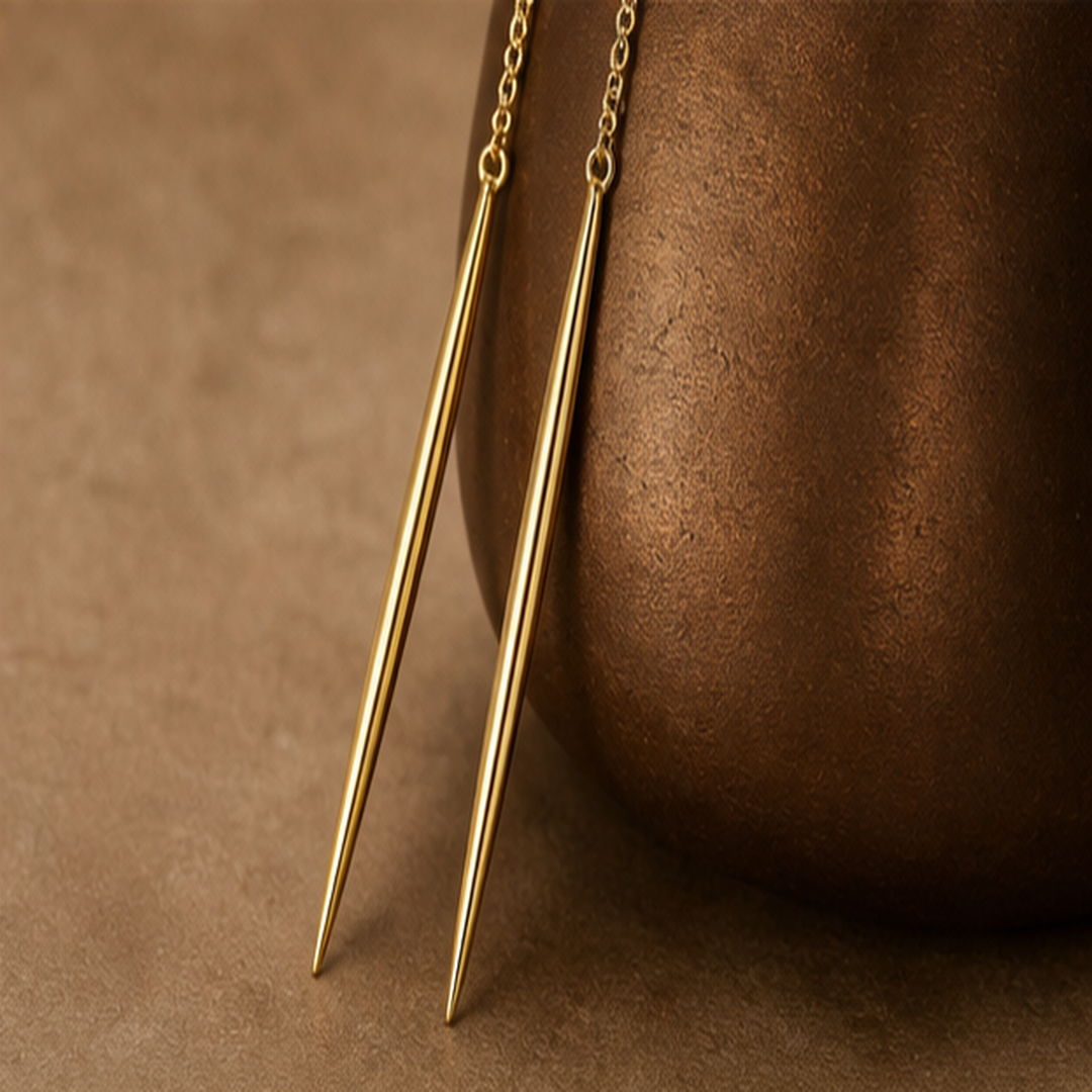 Anime-Inspired Needle Drop Earrings - Brass - angled product view - Tarashya Jewels