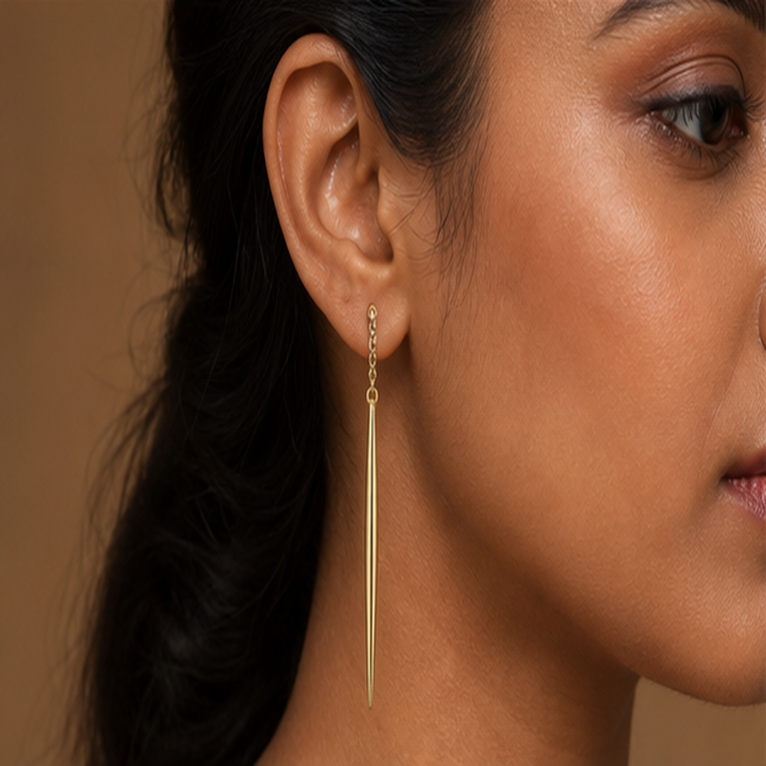 Anime-Inspired Needle Drop Earrings - Brass - on-model detail - Tarashya Jewels