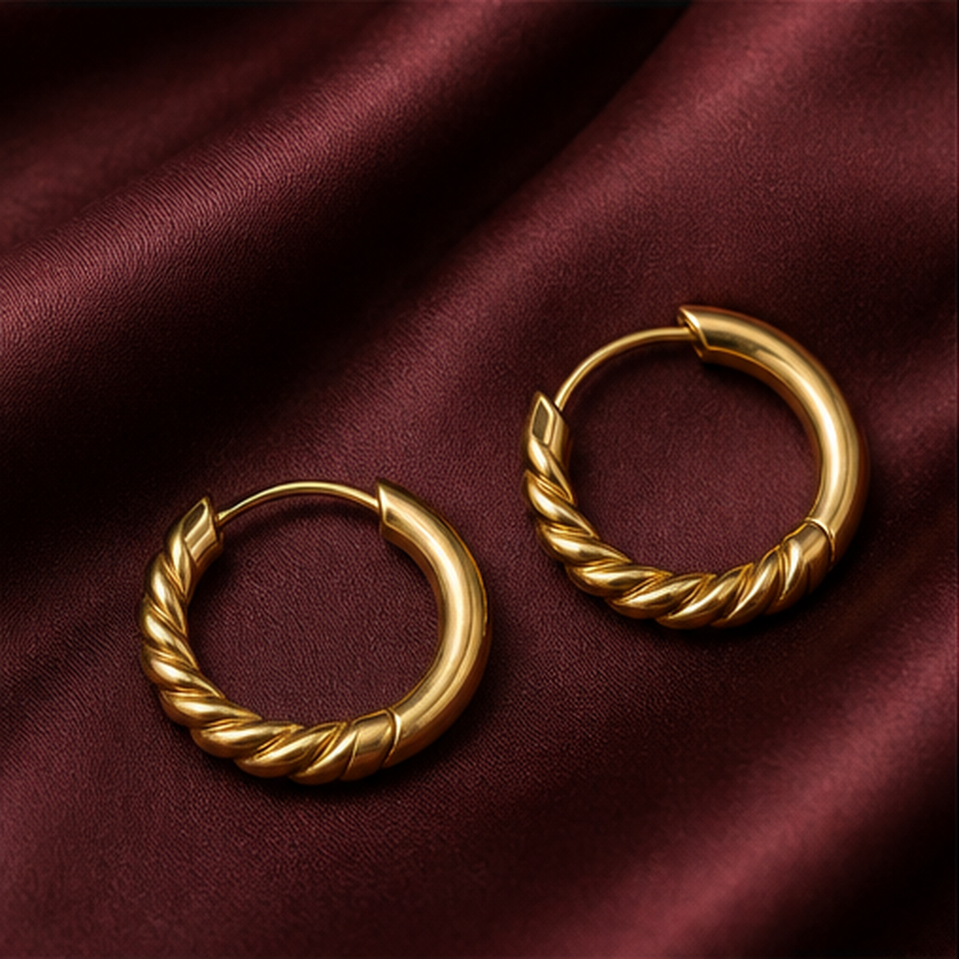Designer Hoop Earrings with Lock - Brass - flat lay - Tarashya Jewels
