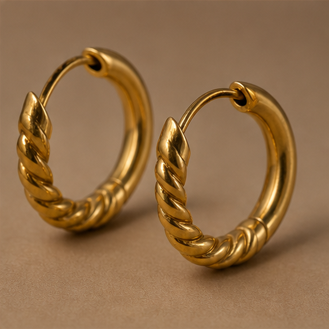 Designer Hoop Earrings with Lock - Brass - angled product view - Tarashya Jewels