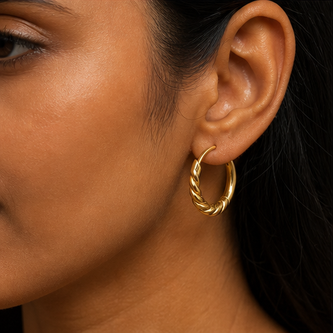 Designer Hoop Earrings with Lock - Brass - on-model detail - Tarashya Jewels