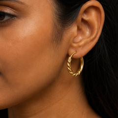 Designer Hoop Earrings with Lock - Brass - on-model detail - Tarashya Jewels