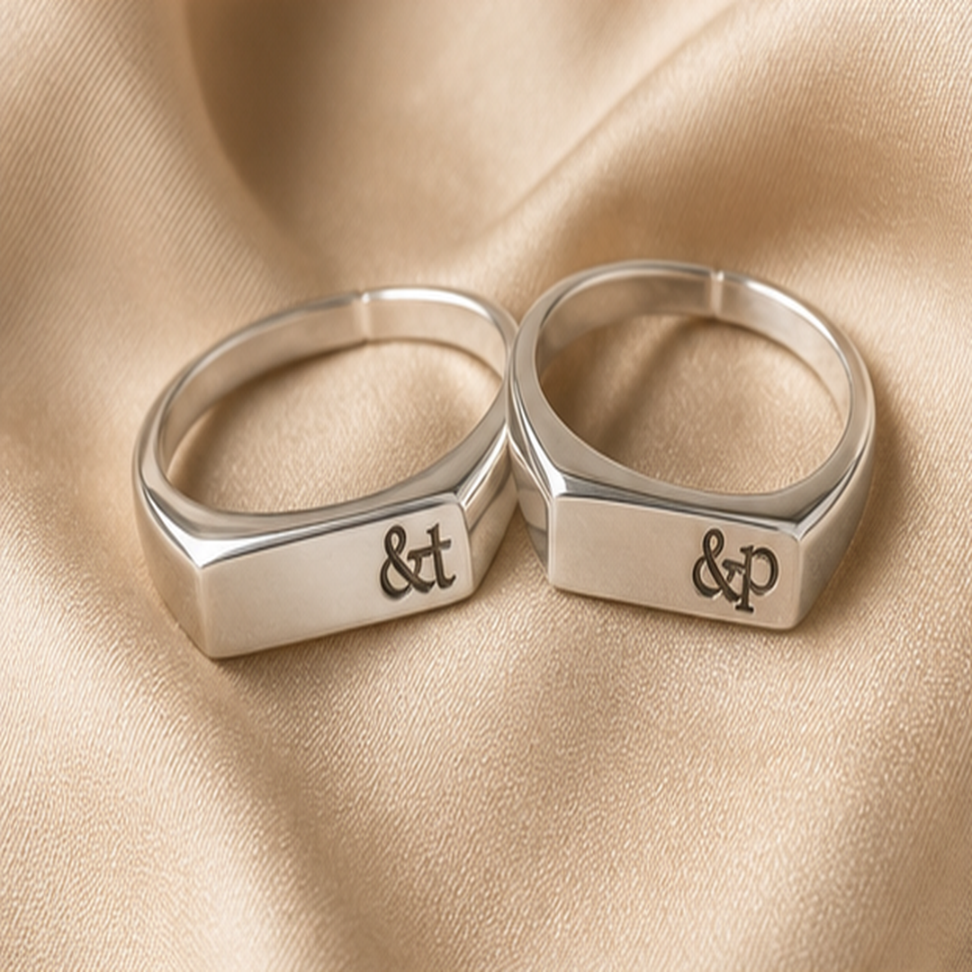 Custom Engraved Couple Rings Set - 925 Sterling Silver - flat lay - Tarashya Jewels