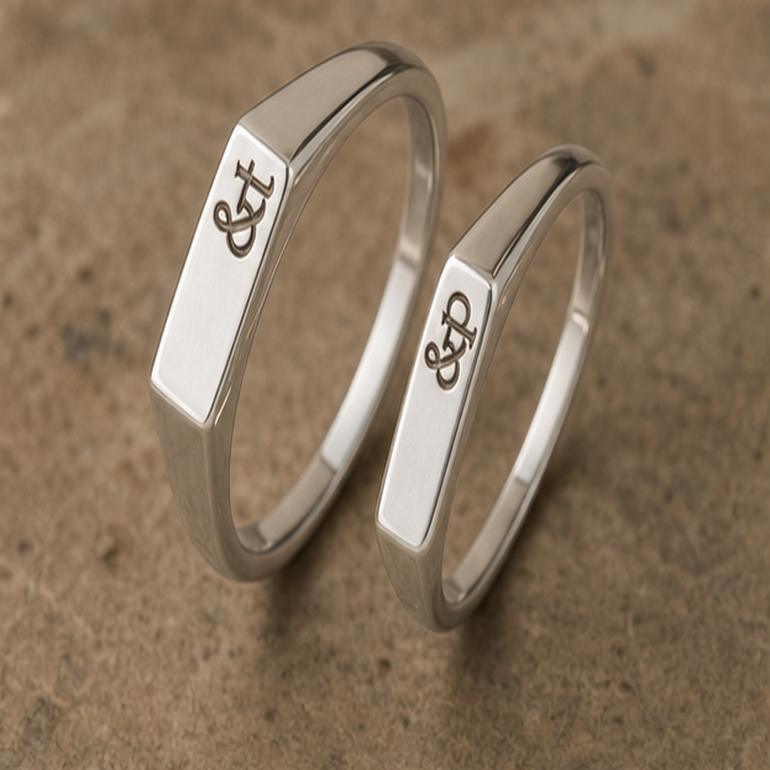 Custom Engraved Couple Rings Set - 925 Sterling Silver - angled product view - Tarashya Jewels