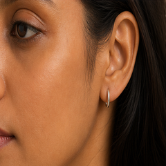 3 mm Small Hoop Earrings - 925 Sterling Silver - on-model detail - Tarashya Jewels