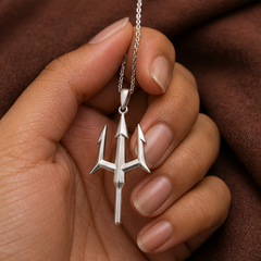 Trident Pendant Necklace - 925 Sterling Silver - hand-held scale view - Tarashya Jewels