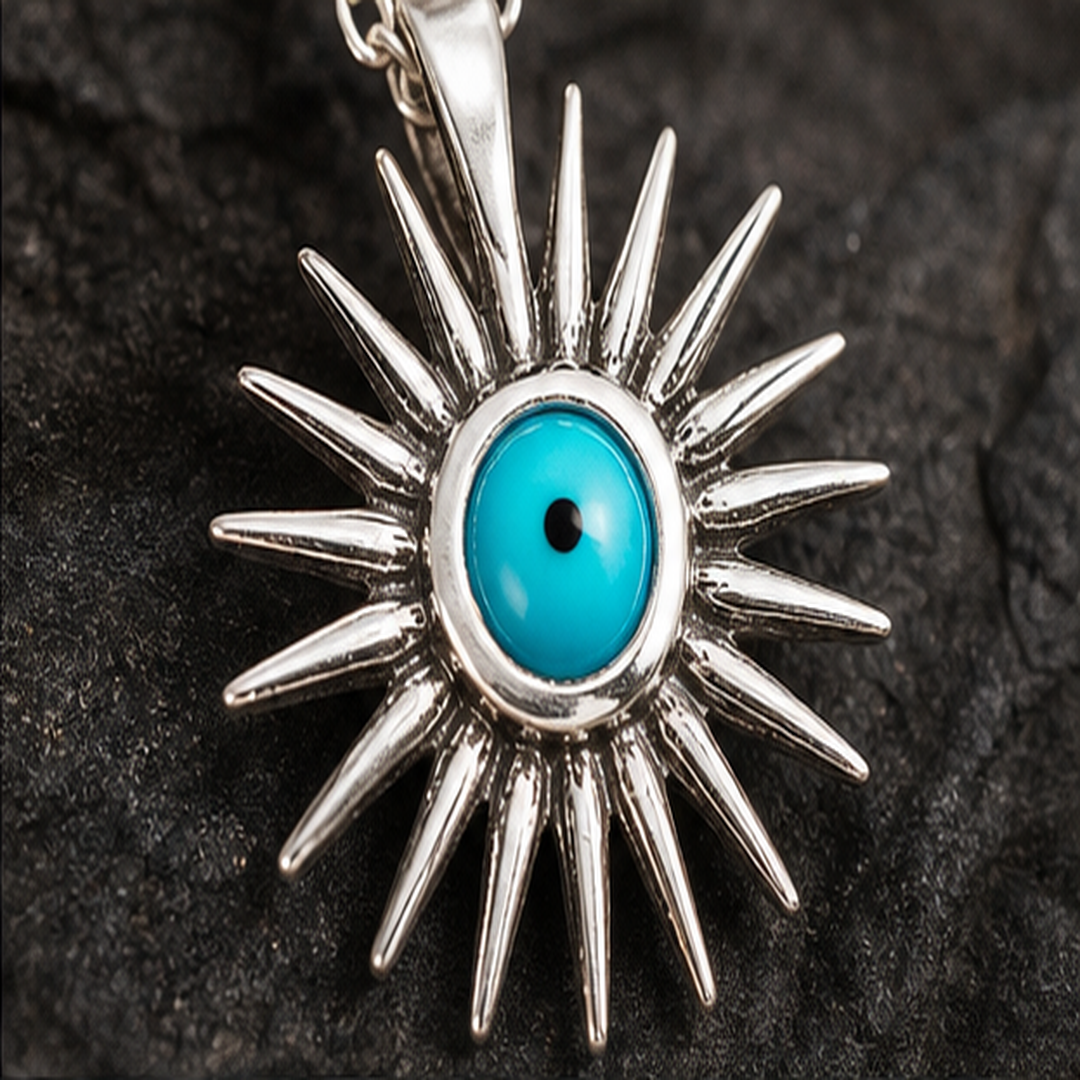 Sunburst Evil Eye Necklace - 925 Sterling Silver - close-up detail - Tarashya Jewels