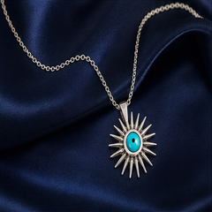 Sunburst Evil Eye Necklace - 925 Sterling Silver - flat lay - Tarashya Jewels