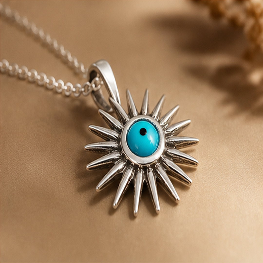 Sunburst Evil Eye Necklace - 925 Sterling Silver - angled product view - Tarashya Jewels
