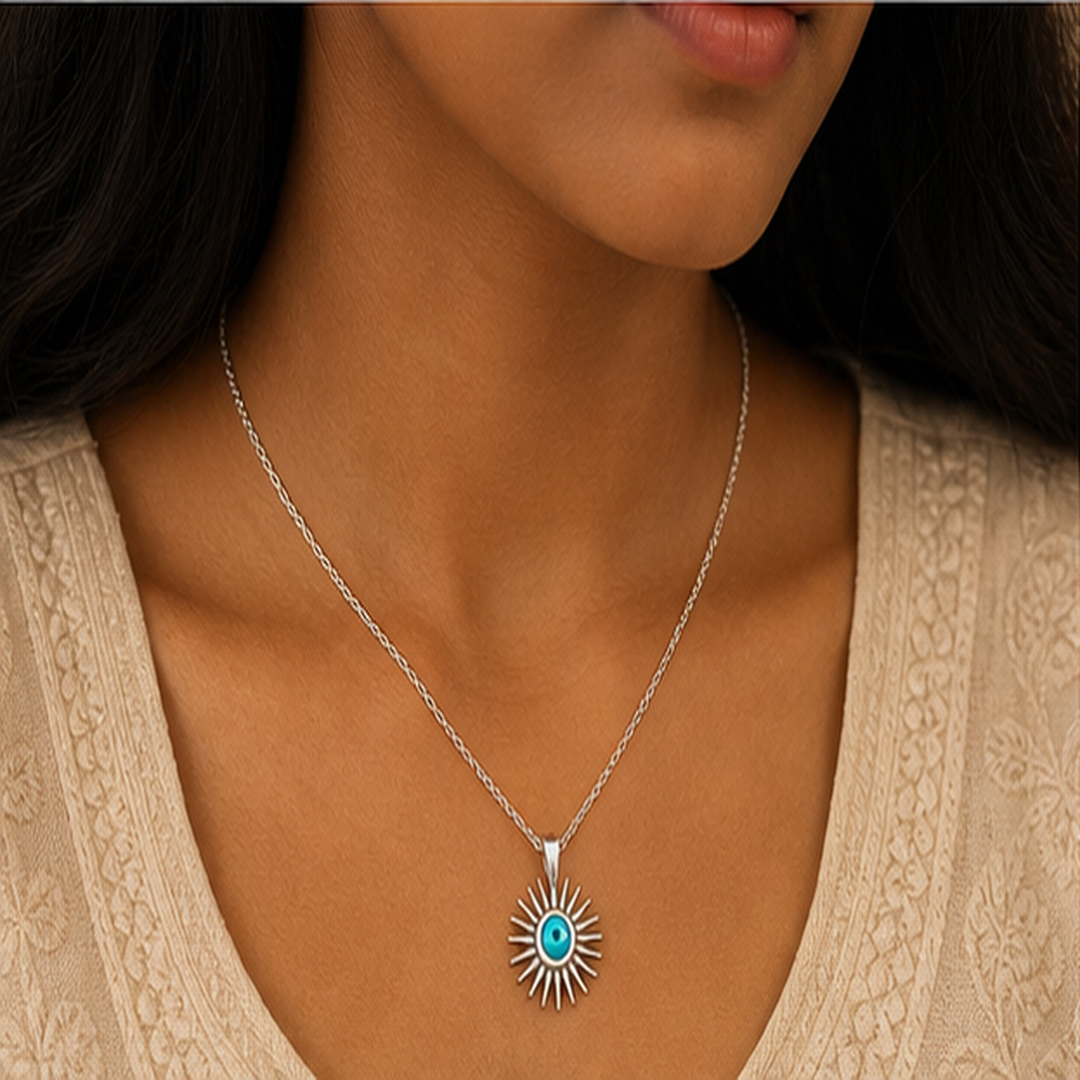 Sunburst Evil Eye Necklace - 925 Sterling Silver - on-model detail - Tarashya Jewels