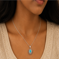 Sunburst Evil Eye Necklace - 925 Sterling Silver - on-model detail - Tarashya Jewels