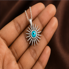 Sunburst Evil Eye Necklace - 925 Sterling Silver - hand-held scale view - Tarashya Jewels