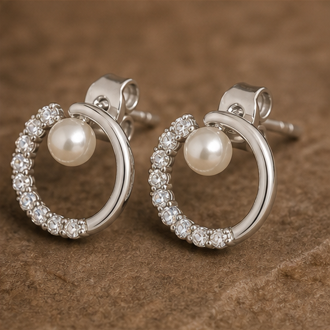 Dainty Pearl Earrings - 925 Sterling Silver - angled product view - Tarashya Jewels