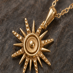 Sun Pendant Necklace - Brass - close-up detail - Tarashya Jewels