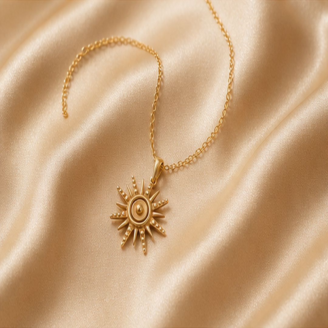 Sun Pendant Necklace - Brass - flat lay - Tarashya Jewels