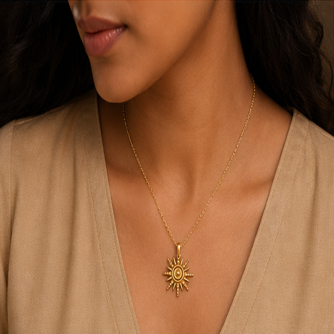 Sun Pendant Necklace - Brass - on-model detail - Tarashya Jewels