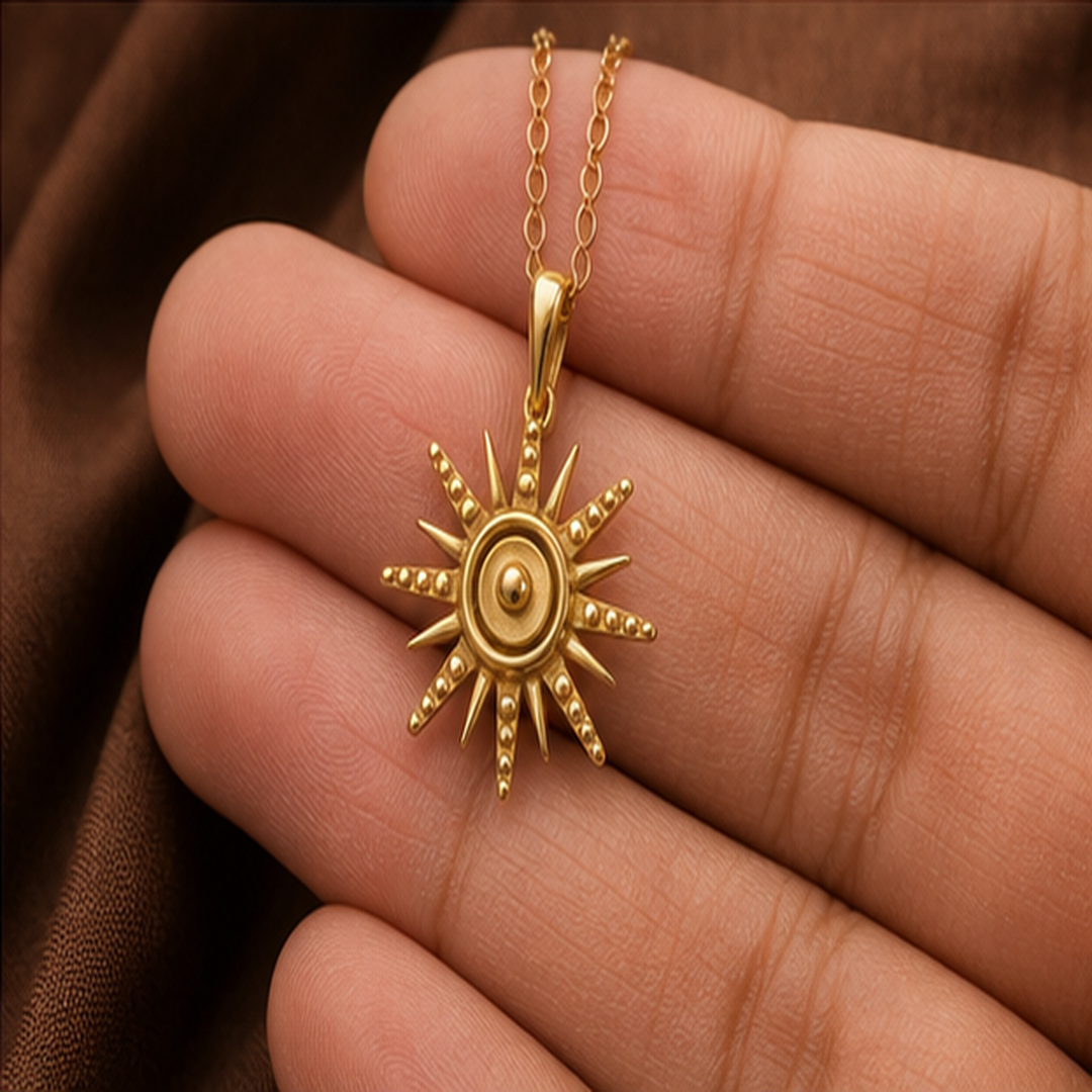 Sun Pendant Necklace - Brass - hand-held scale view - Tarashya Jewels