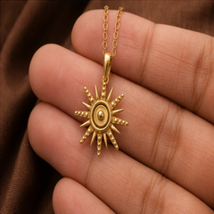 Sun Pendant Necklace - Brass - hand-held scale view - Tarashya Jewels