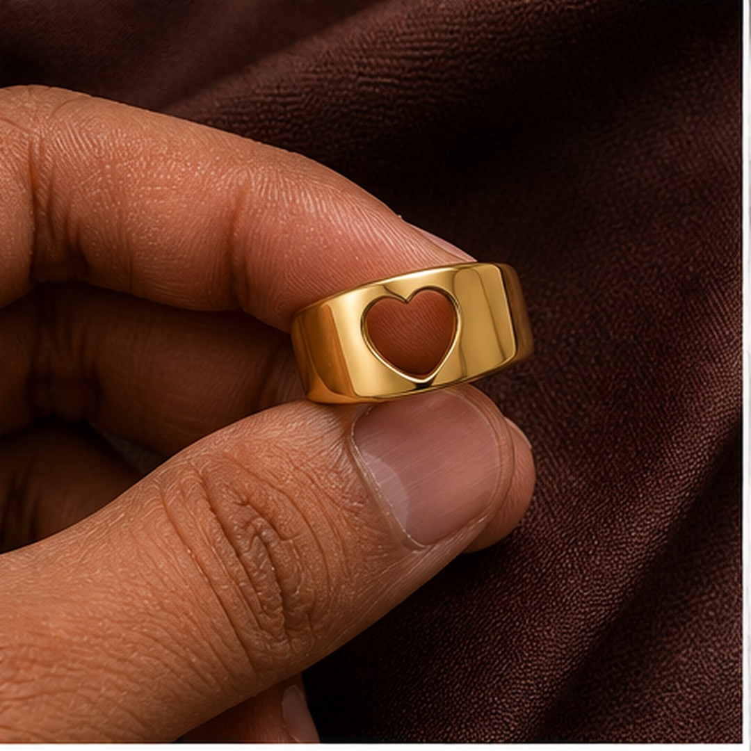 Open Heart Ring - Brass - hand-held scale view - Tarashya Jewels