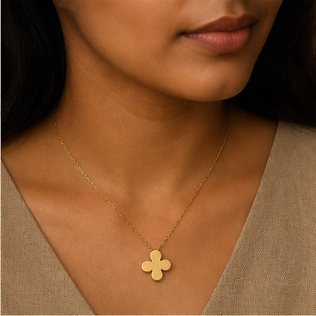 Four-Leaf Clover Necklace - Brass - on-model detail - Tarashya Jewels