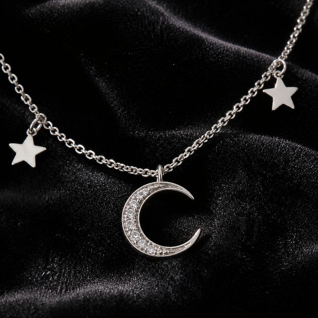Star & Moon Necklace - 925 Sterling Silver - close-up detail - Tarashya Jewels