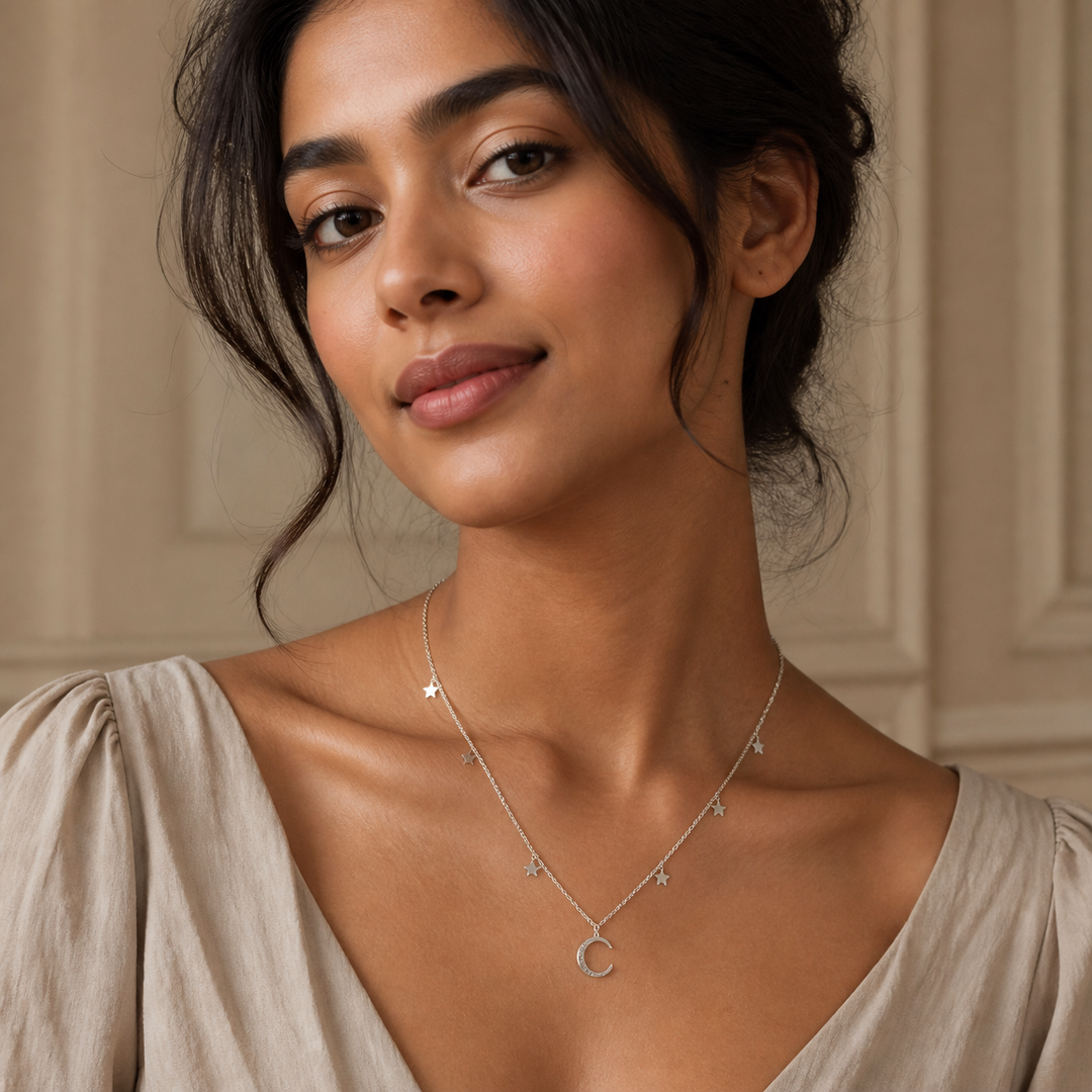 Star & Moon Necklace - 925 Sterling Silver - on-model detail - Tarashya Jewels