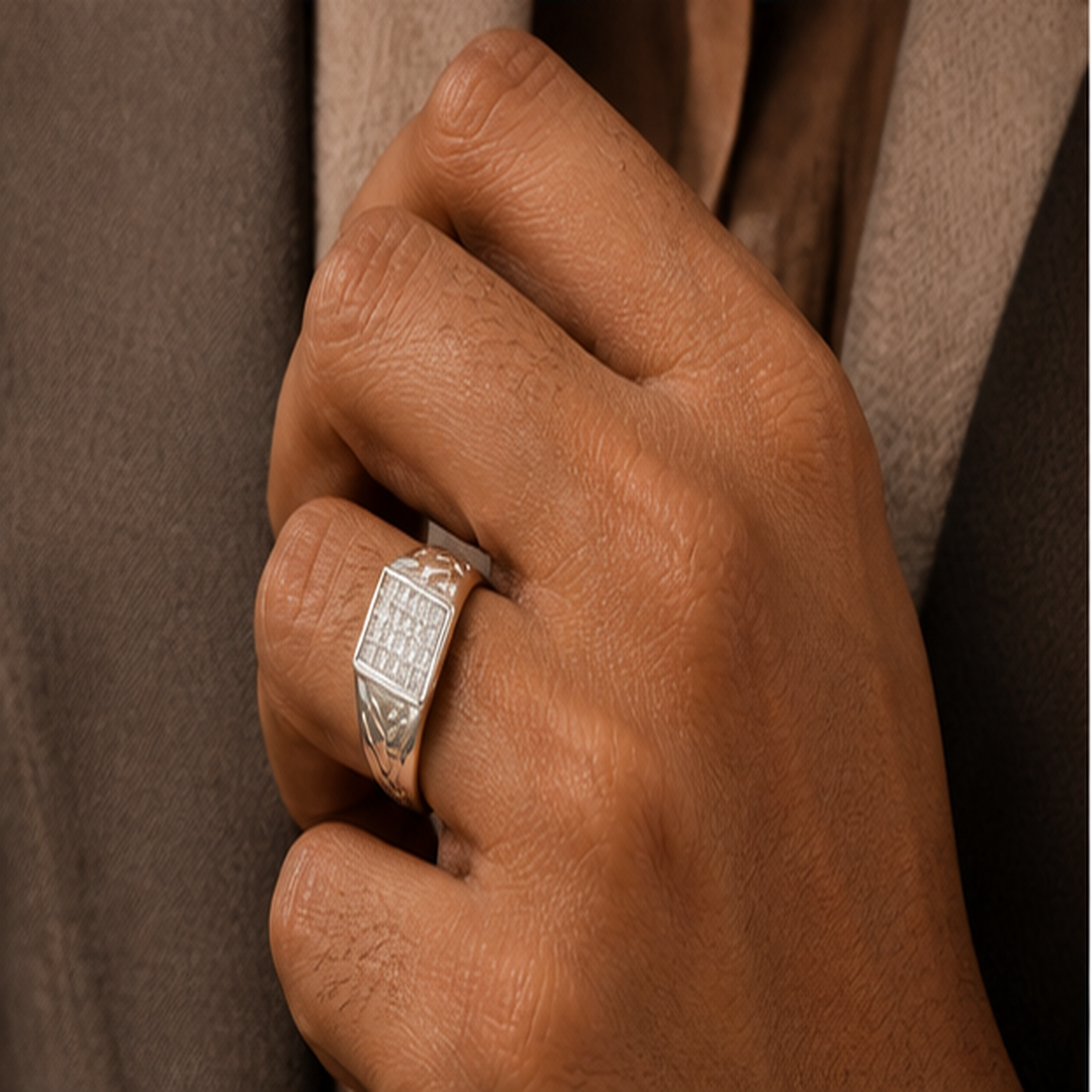 CZ Men's Ring - 925 Sterling Silver - on-model detail - Tarashya Jewels