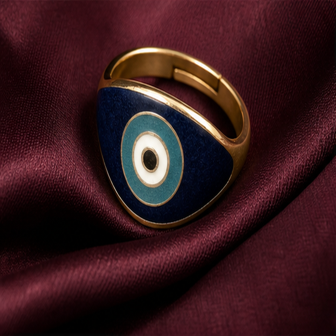 Enamel Evil Eye Adjustable Ring - Brass - flat lay - Tarashya Jewels