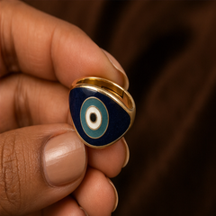 Enamel Evil Eye Adjustable Ring - Brass - hand-held scale view - Tarashya Jewels