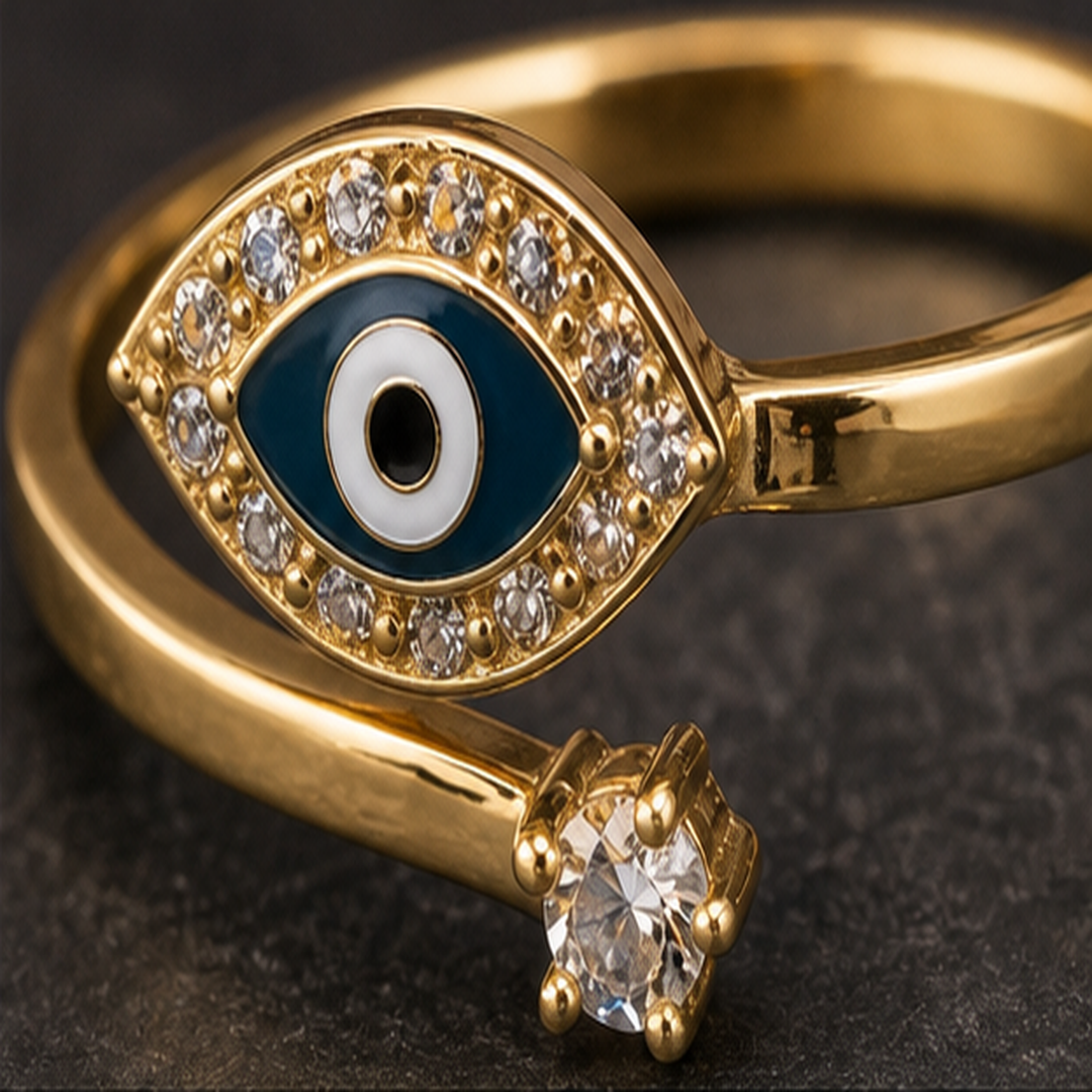 Evil Eye Adjustable Ring - Brass - close-up detail - Tarashya Jewels