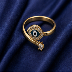 Evil Eye Adjustable Ring - Brass - flat lay - Tarashya Jewels