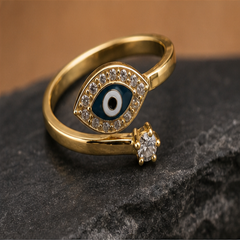 Evil Eye Adjustable Ring - Brass - angled product view - Tarashya Jewels