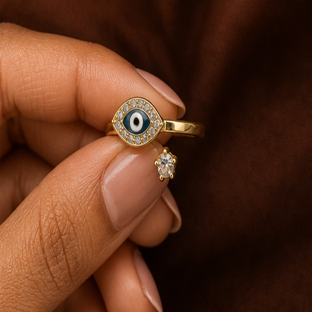 Evil Eye Adjustable Ring - Brass - hand-held scale view - Tarashya Jewels