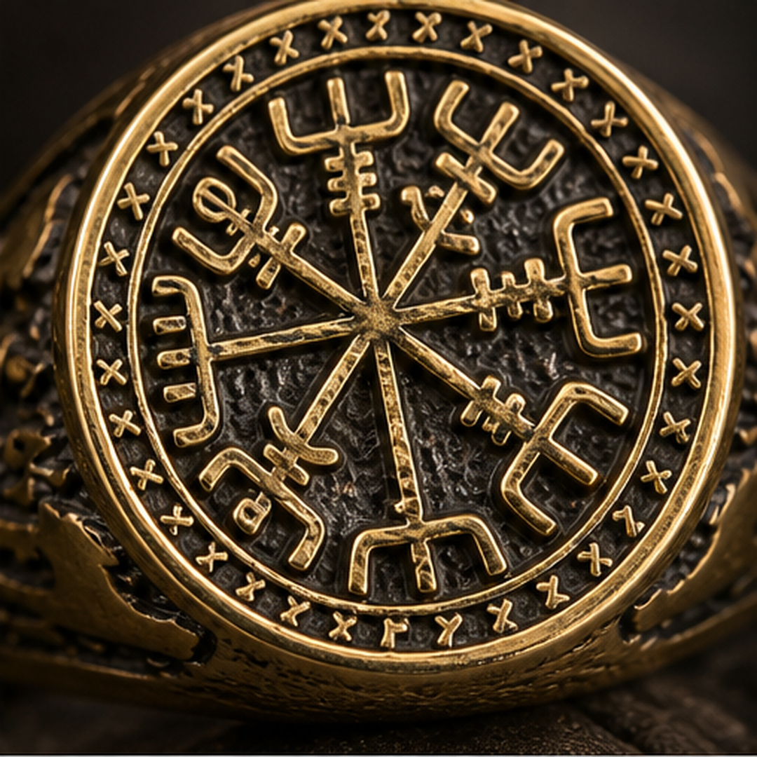 Vegvisir Viking Ring - Brass - close-up detail - Tarashya Jewels