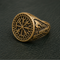Vegvisir Viking Ring - Brass - flat lay - Tarashya Jewels