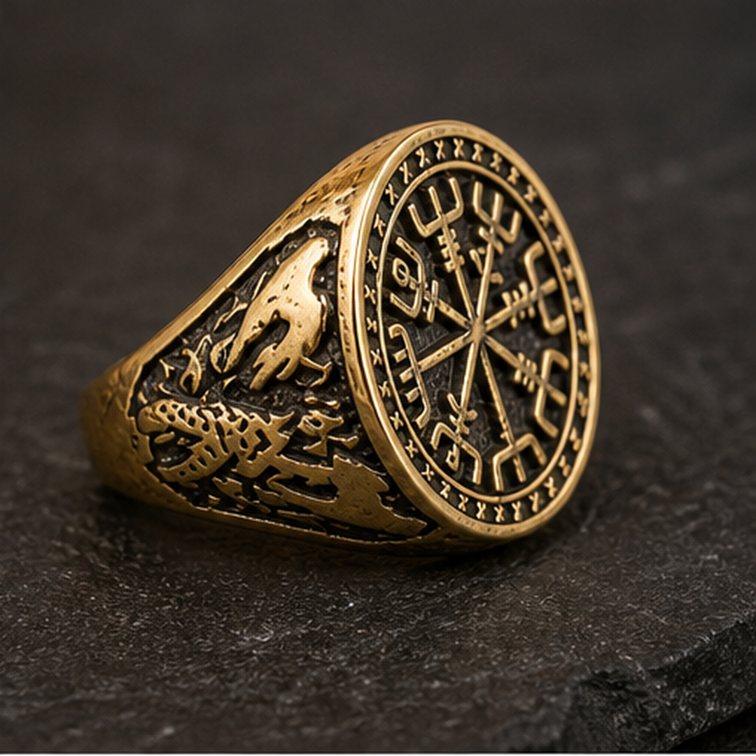 Vegvisir Viking Ring - Brass - angled product view - Tarashya Jewels
