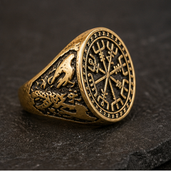 Vegvisir Viking Ring - Brass - angled product view - Tarashya Jewels