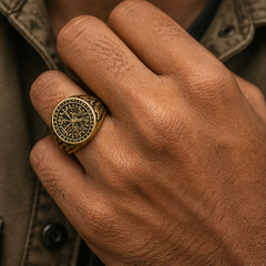 Vegvisir Viking Ring - Brass - on-model detail - Tarashya Jewels