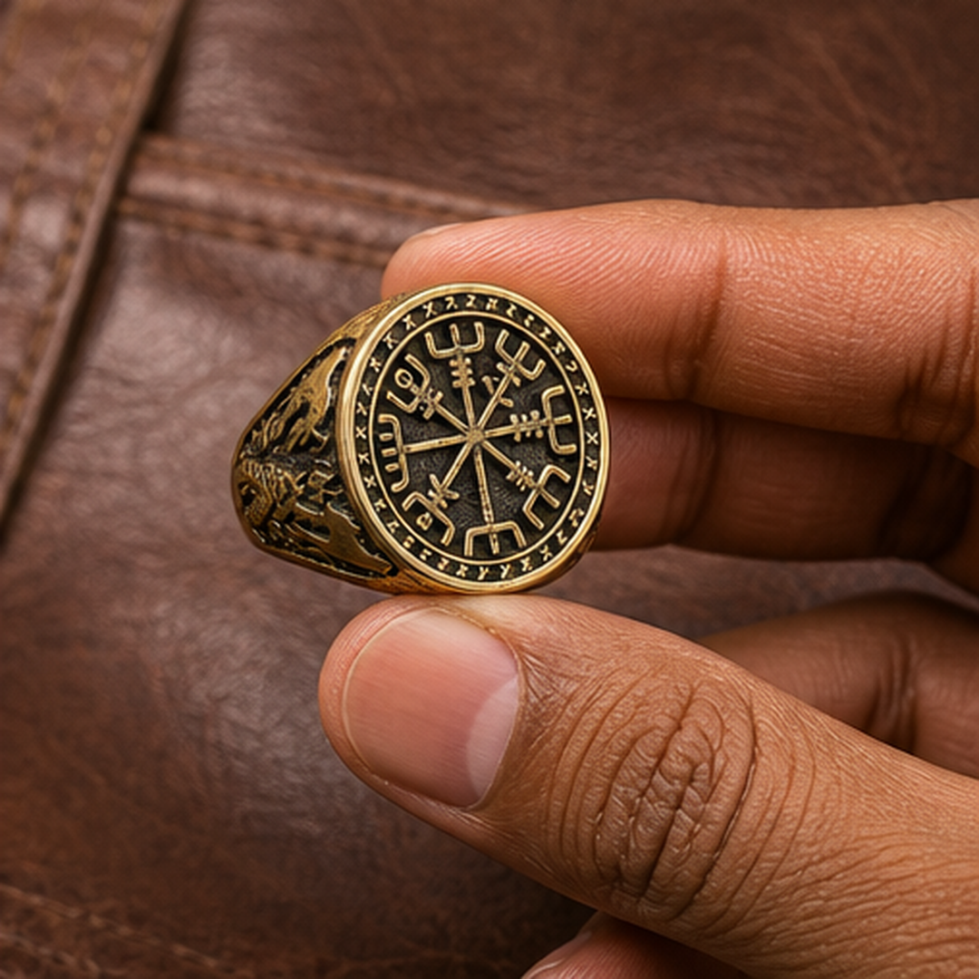 Vegvisir Viking Ring - Brass - hand-held scale view - Tarashya Jewels