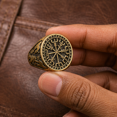 Vegvisir Viking Ring - Brass - hand-held scale view - Tarashya Jewels
