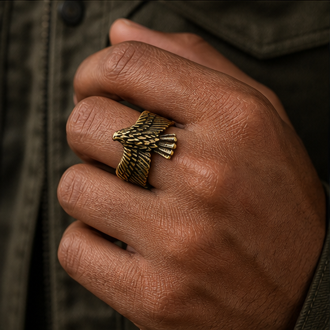 Adjustable Eagle Ring - Brass - on-model detail - Tarashya Jewels