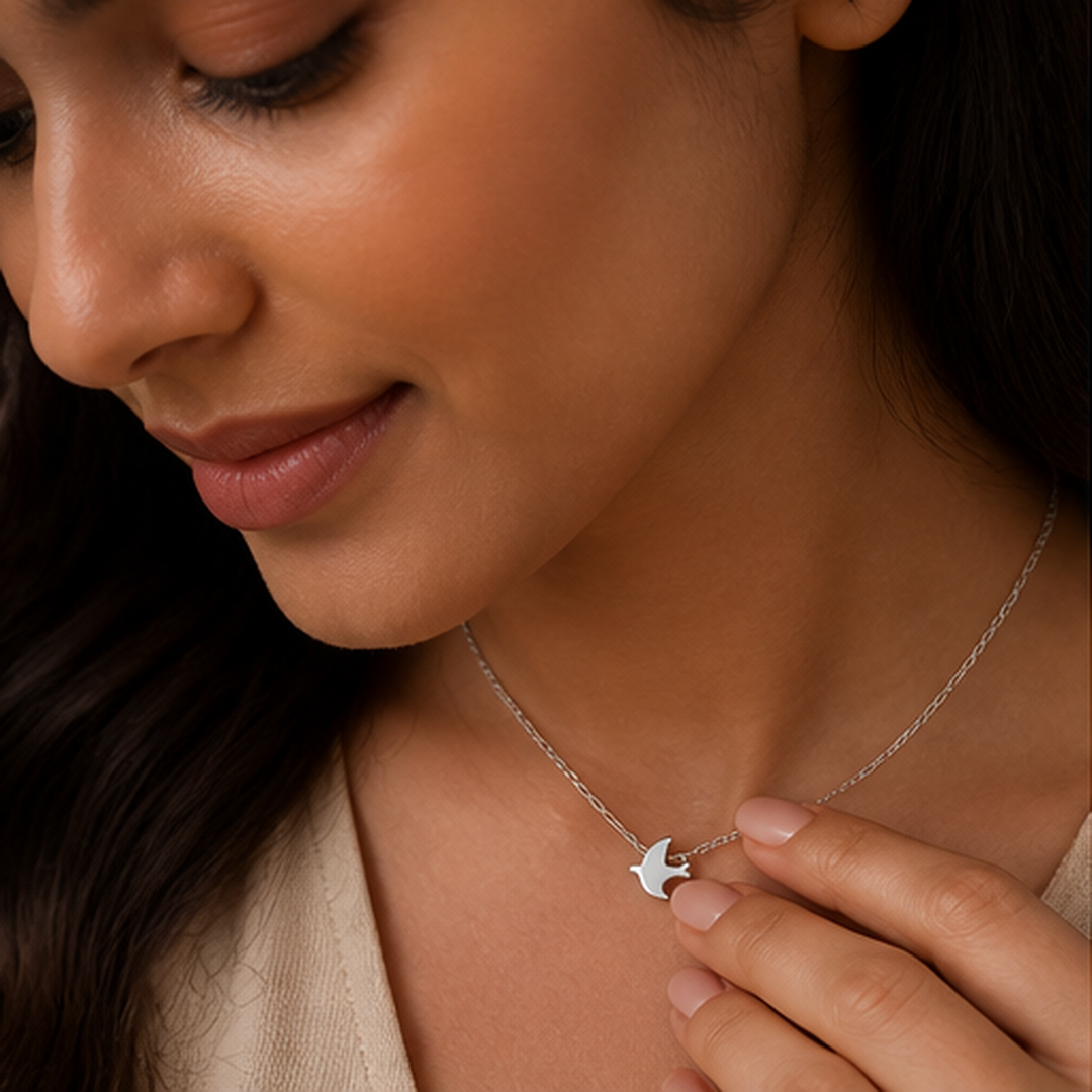 Dainty Bird Necklace - 925 Sterling Silver - on-model detail - Tarashya Jewels