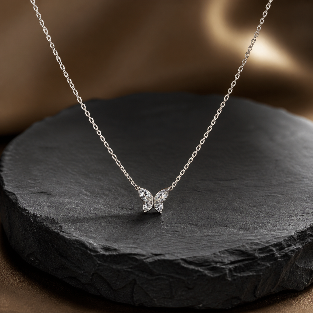 Butterfly Necklace - 925 Sterling Silver - angled product view - Tarashya Jewels