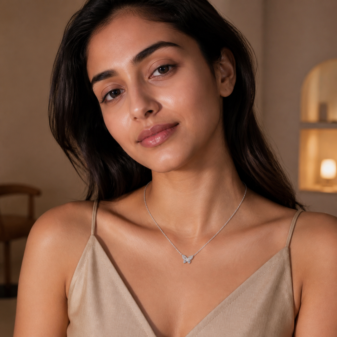 Butterfly Necklace - 925 Sterling Silver - on-model detail - Tarashya Jewels