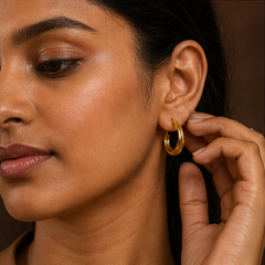 Textured Fashion Hoop Earrings - Brass - on-model detail - Tarashya Jewels