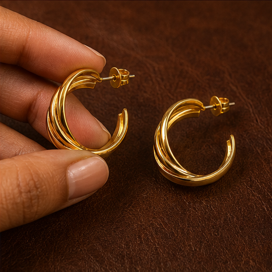 Textured Fashion Hoop Earrings - Brass - hand-held scale view - Tarashya Jewels