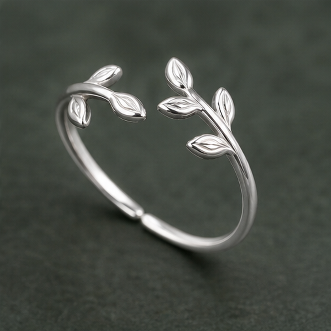 Adjustable Leaf Ring - 925 Sterling Silver - angled product view - Tarashya Jewels