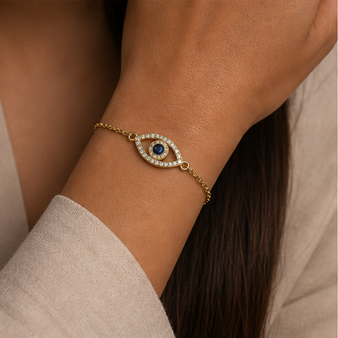 Evil Eye Bracelet - Brass - on-model detail - Tarashya Jewels