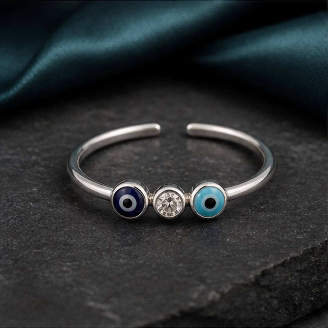 Dainty Enamel Evil Eye Ring - 925 Sterling Silver - flat lay - Tarashya Jewels