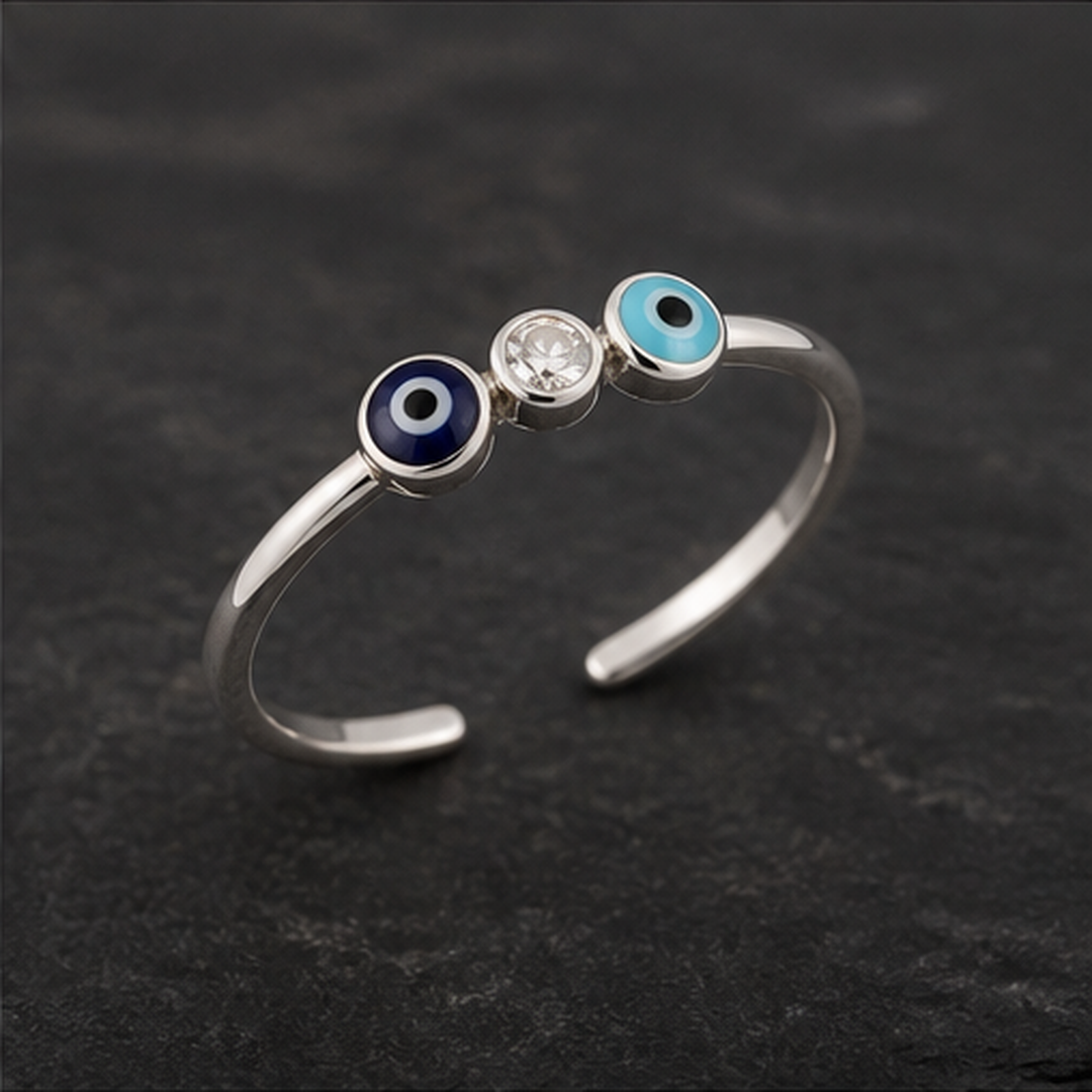 Dainty Enamel Evil Eye Ring - 925 Sterling Silver - angled product view - Tarashya Jewels
